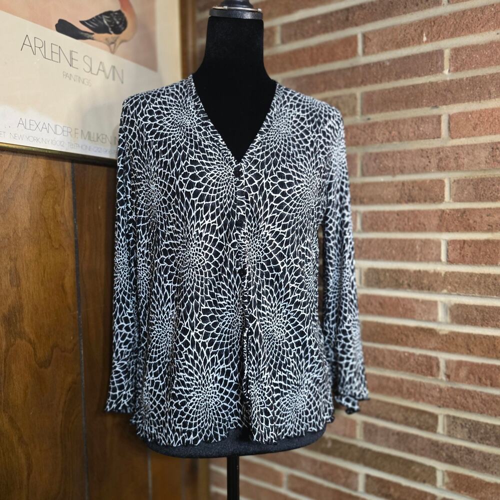 Vintage Pleat Pleat by Rafael Plissé Blouse Black White Floral Crinkle Top SZ S